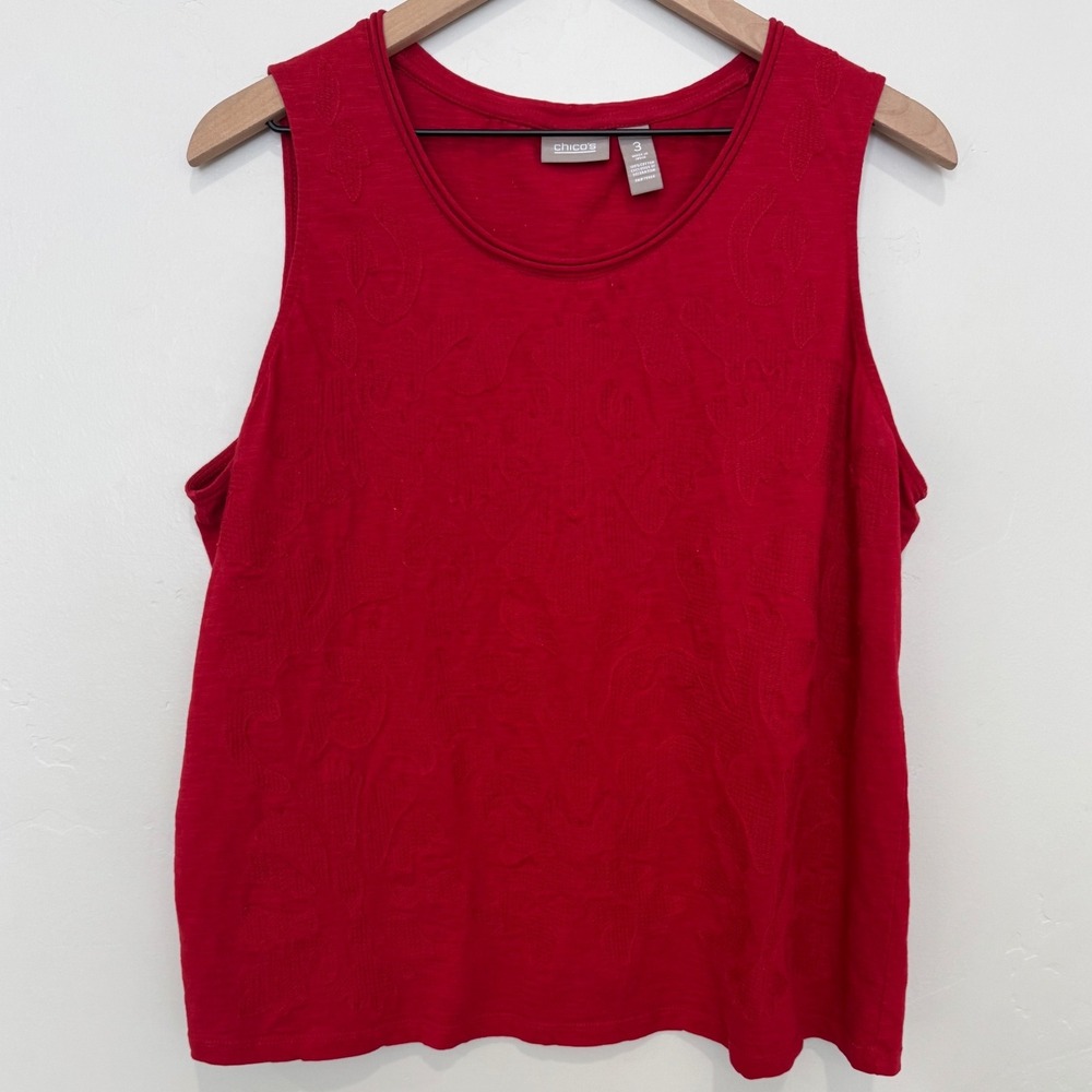 Chicos Red Sleeveless Shell Tank Top Paisley Jacquard Cotton Slub XL Size 3 Chic
